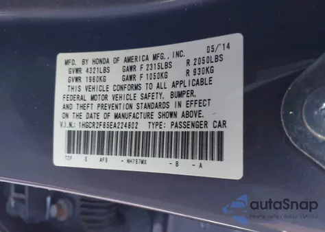 2014 Honda Accord Ex-L z USA, uszkodzony, nr VIN 1HGCR2F85EA224802